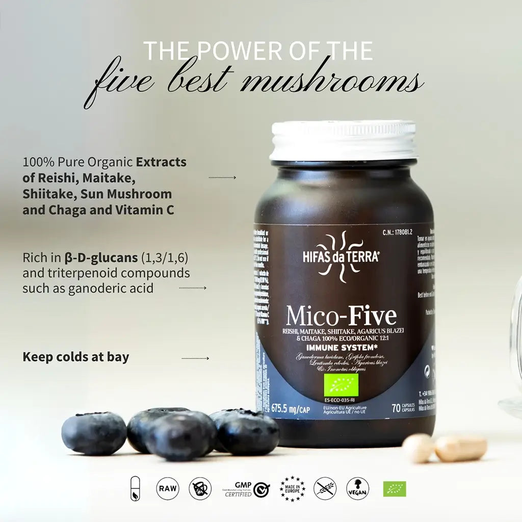 Extractos puros Mico-Five de hongos reishi, shiitake, maitake, sun y chaga