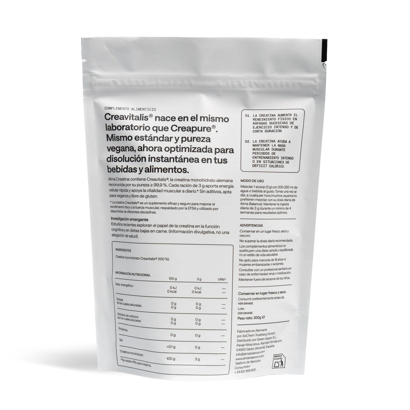 Ingredientes creatina Alma Creavitalis 100% pura sin gluten sin edulcorantes