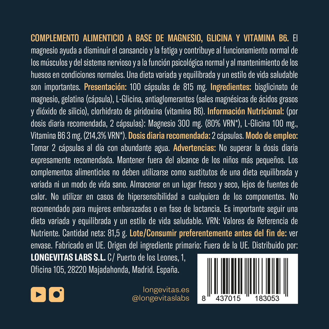 Magnesium Bisglycinate · Longevitas | 100 capsules